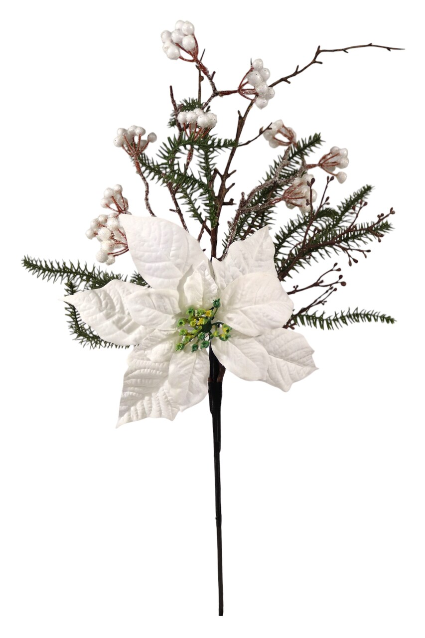 29" Poinsettia, Pine & Berry Spray – White Artificial Holiday Floral Stem 3 Pack